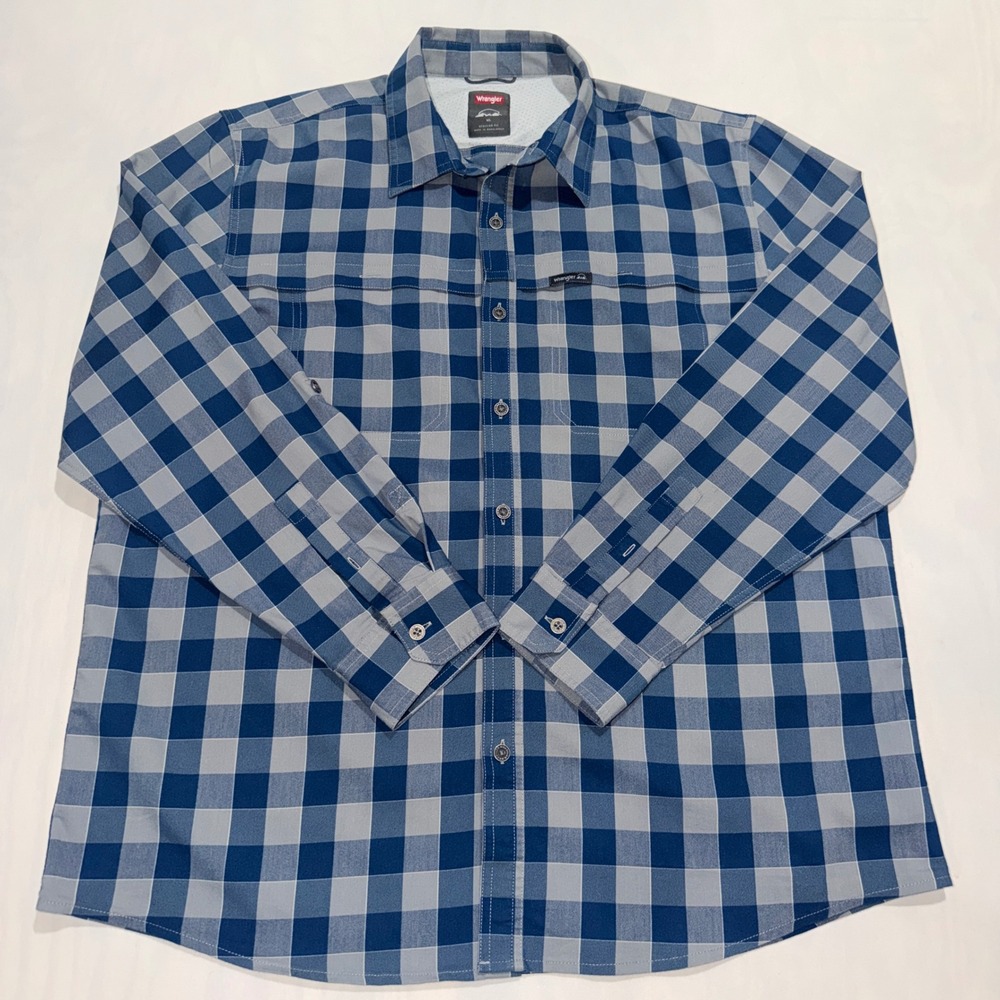 Wrangler Outdoor Shirt Mens XL Blue Grey Plaid Stretch Mesh Yoke NWP25AB Hiking